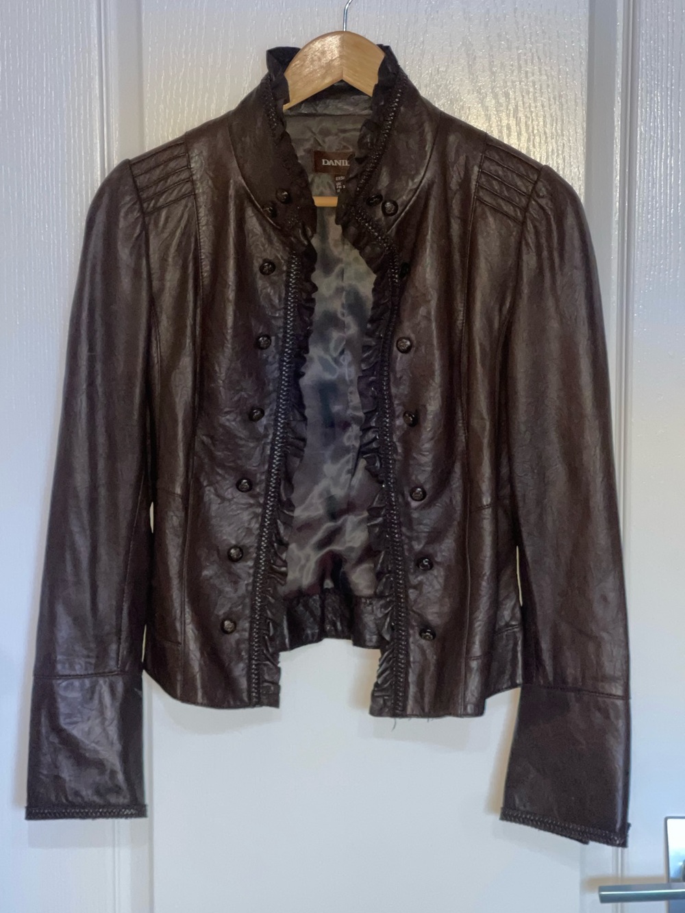 DANIER Dark Brown Military-Style Leather Jacket Button Vampire Dairies 2XS XXS - Picture 3 of 8